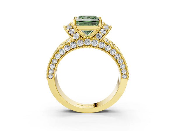 Yellow gold Fancy Green Princess  Halo Pave Diamond Engagement Ring with Milgrain Detailing