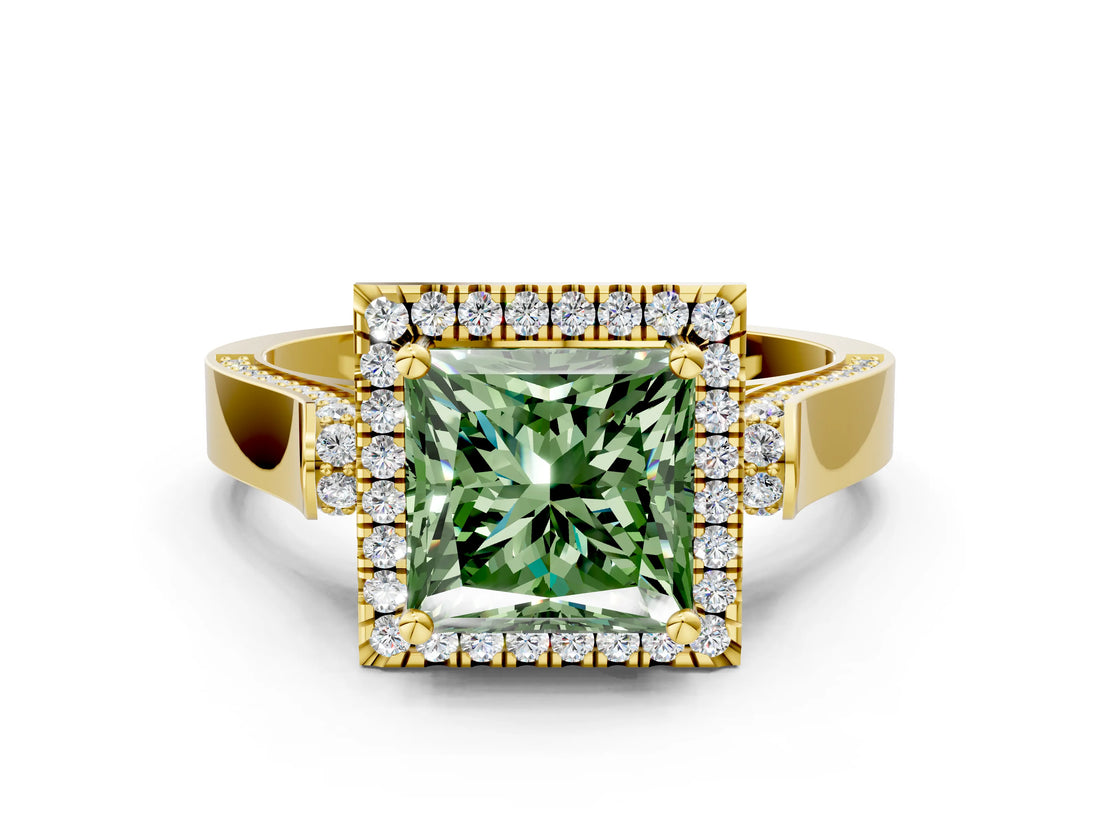 Yellow gold Fancy Green Princess  Halo Pave Split Shank Prong Setting Ring_25