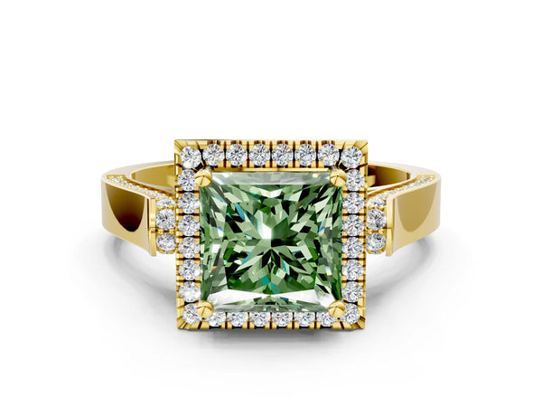 Yellow gold Fancy Green Princess  Halo Pave Split Shank Prong Setting Ring
