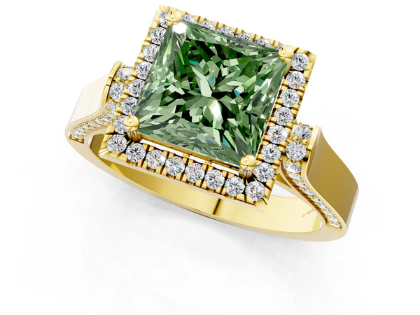 Yellow gold Fancy Green Princess  Halo Pave Split Shank Prong Setting Ring
