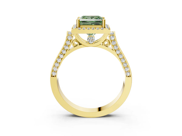 Yellow gold Fancy Green Princess  Halo Pave Split Shank Prong Setting Ring