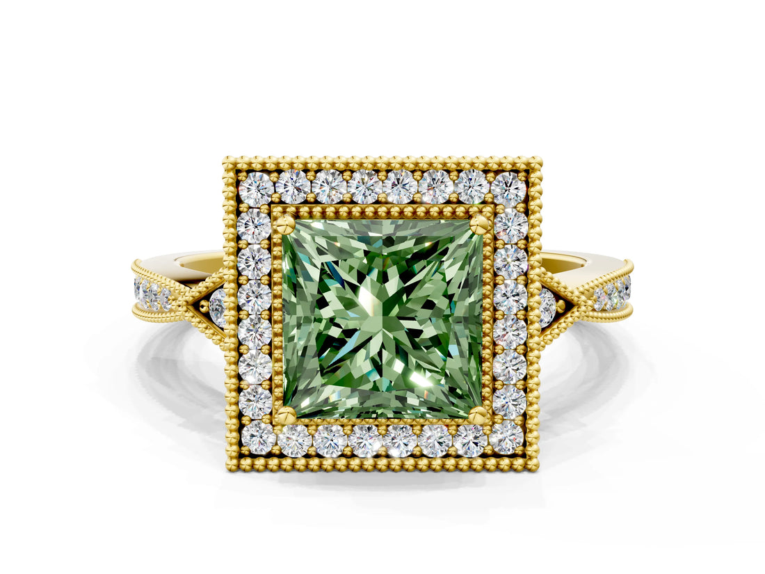 Yellow gold Fancy Green Princess  Halo Round Diamond Milgrain Pave Engagement Ring_3