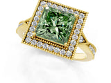 Yellow gold Fancy Green Princess  Halo Round Diamond Milgrain Pave Engagement Ring_4