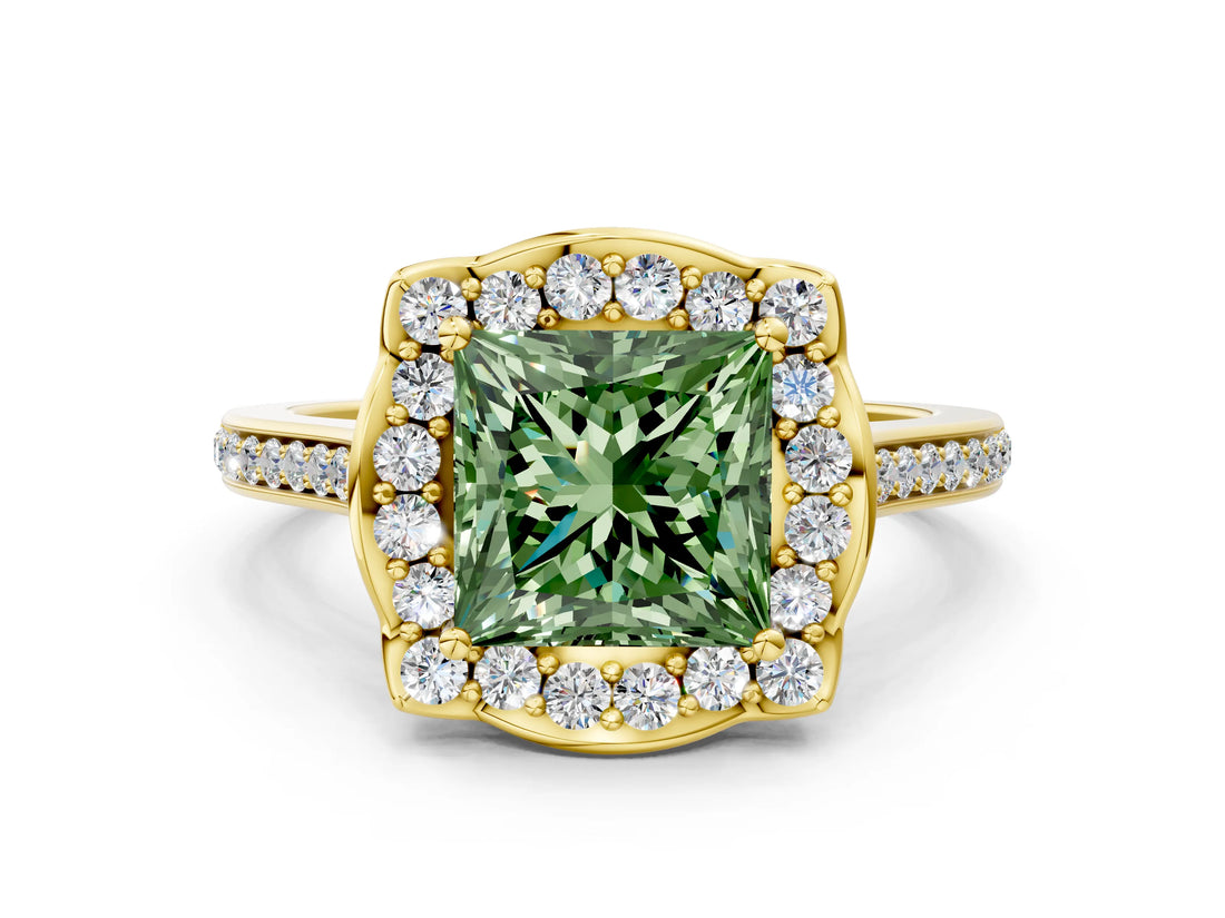 Yellow gold Fancy Green Princess  Halo Round Diamond Pave Band with Four-Prong Setting_38