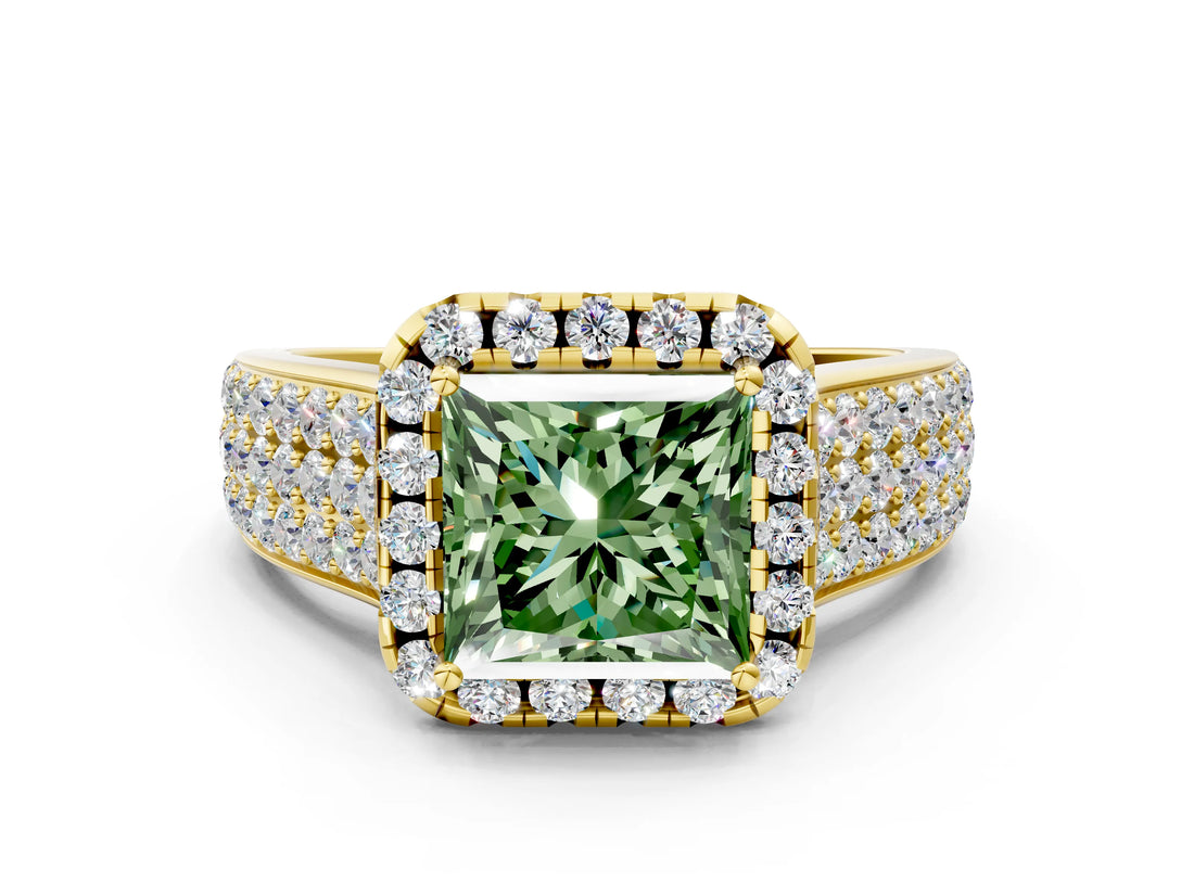 Yellow gold Fancy Green Princess  Halo Round Diamond Pave Band with Prong Setting 1