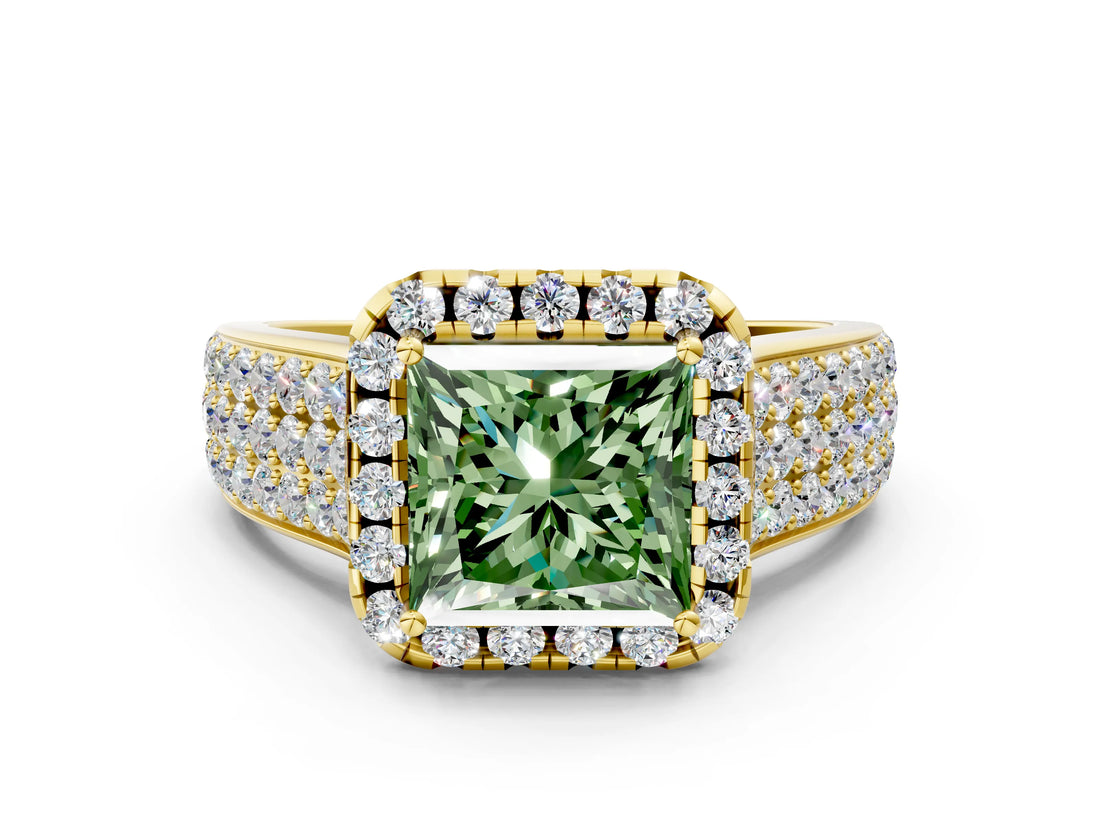 Yellow gold Fancy Green Princess  Halo Round Diamond Pave Band with Prong Setting_12