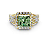Yellow gold Fancy Green Princess  Halo Round Diamond Pave Band with Prong Setting_12