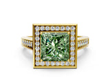 Yellow gold Fancy Green Princess  Halo Solitaire Diamond Ring with Pave Band and Bezel Setting_30