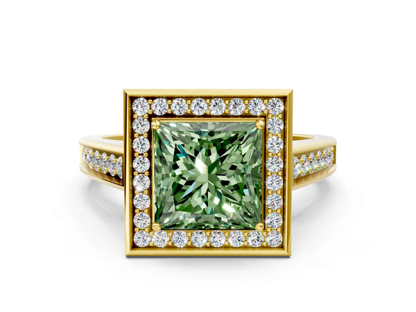 Yellow gold Fancy Green Princess  Halo Solitaire Diamond Ring with Pave Band and Bezel Setting