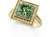 Yellow gold Fancy Green Princess  Halo Solitaire Diamond Ring with Pave Band and Bezel Setting_31