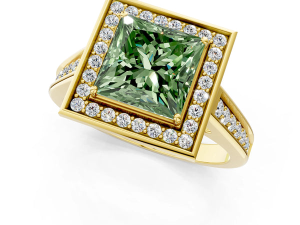 Yellow gold Fancy Green Princess  Halo Solitaire Diamond Ring with Pave Band and Bezel Setting