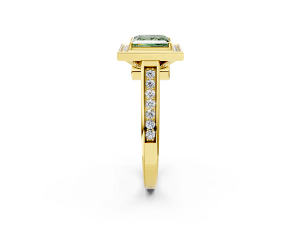 Yellow gold Fancy Green Princess  Halo Solitaire Diamond Ring with Pave Band and Bezel Setting