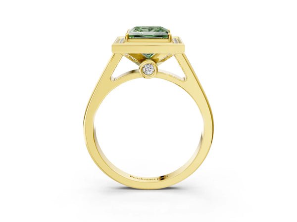 Yellow gold Fancy Green Princess  Halo Solitaire Diamond Ring with Pave Band and Bezel Setting
