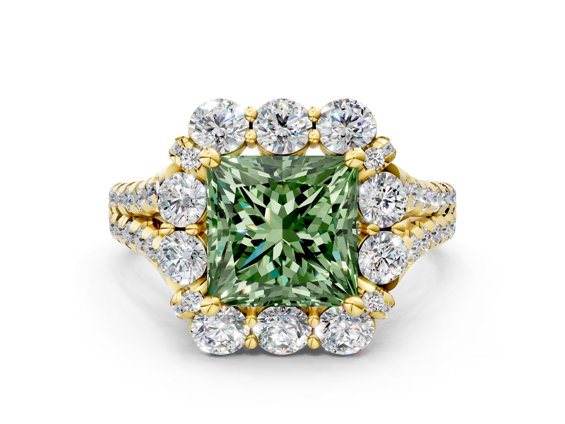 Yellow gold Fancy Green Princess  Halo Split Shank Diamond Engagement Ring with Pave Band and Four-Prong Setting