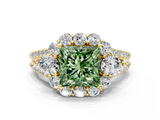 Yellow gold Fancy Green Princess  Halo Split Shank Diamond Engagement Ring with Prong Setting