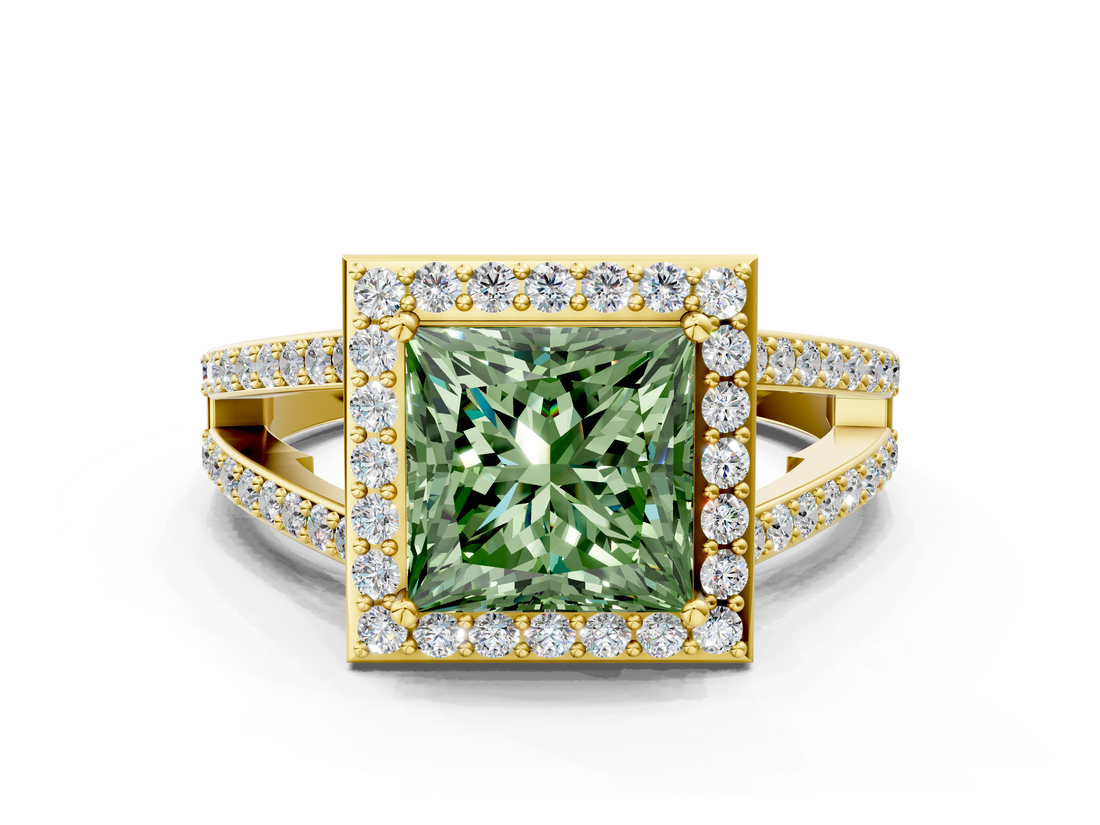 Yellow gold Fancy Green Princess  Halo Split Shank Diamond Ring with Four-Prong Setting
