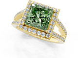 Yellow gold Fancy Green Princess  Halo Split Shank Diamond Ring with Four-Prong Setting_1