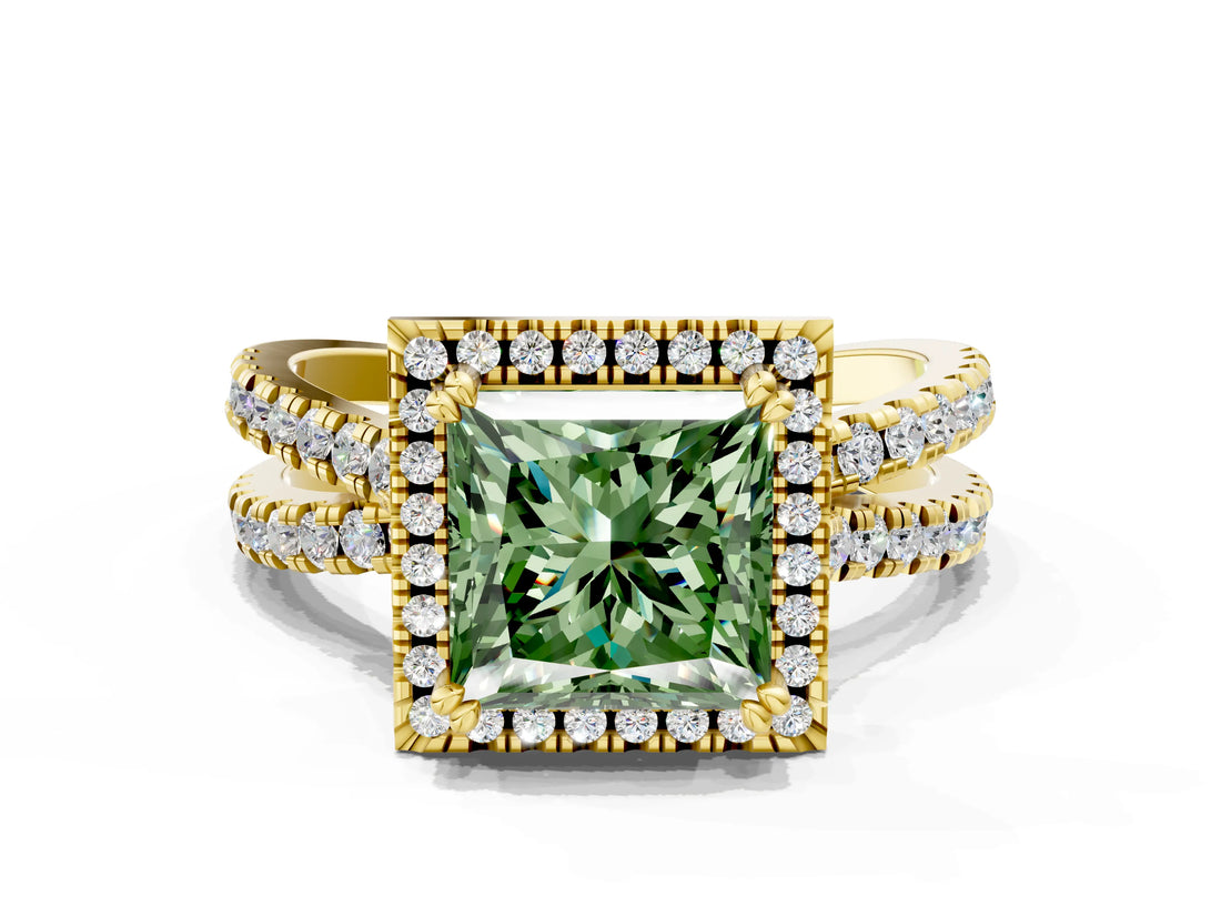 Yellow gold Fancy Green Princess  Halo Split Shank Diamond Ring with Pavé Setting_26