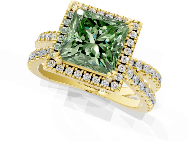 Yellow gold Fancy Green Princess  Halo Split Shank Diamond Ring with Pavé Setting