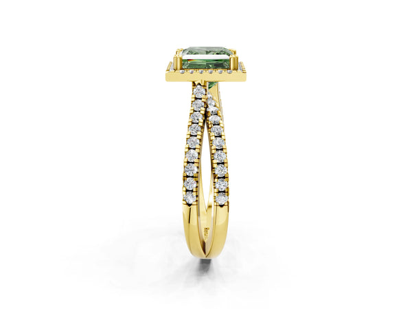 Yellow gold Fancy Green Princess  Halo Split Shank Diamond Ring with Pavé Setting
