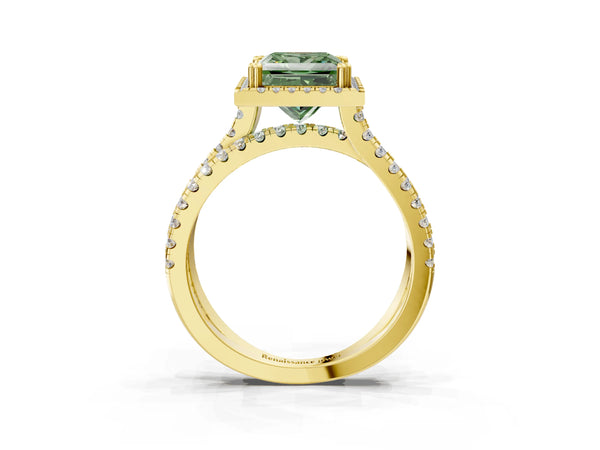 Yellow gold Fancy Green Princess  Halo Split Shank Diamond Ring with Pavé Setting