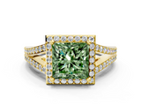 Yellow gold Fancy Green Princess  Halo Split Shank Diamond Ring with Prong Setting