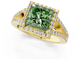 Yellow gold Fancy Green Princess  Halo Split Shank Diamond Ring with Prong Setting_1