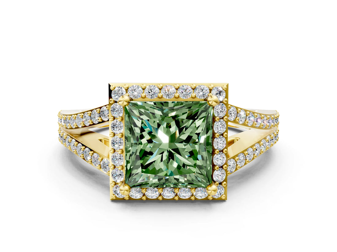 Yellow gold Fancy Green Princess  Halo Split Shank Pave Diamond Ring with Four-Prong Setting_29
