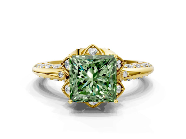 Yellow gold Fancy Green Princess  Halo Split Shank Pave Diamond Ring with Petal Prong Setting