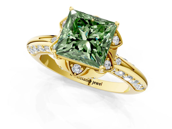 Yellow gold Fancy Green Princess  Halo Split Shank Pave Diamond Ring with Petal Prong Setting