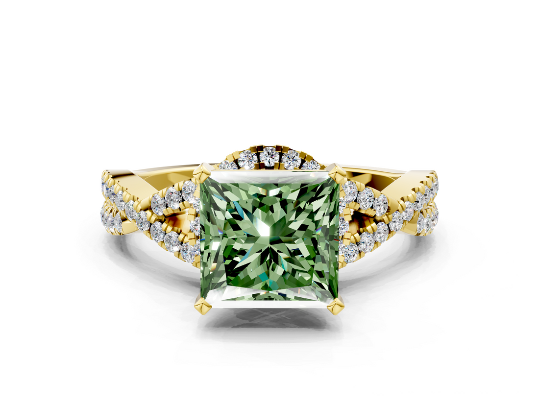 Yellow gold Fancy Green Princess  Halo Twist Band Solitaire Prong Setting Ring