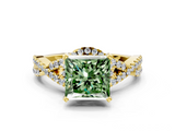 Yellow gold Fancy Green Princess  Halo Twist Band Solitaire Prong Setting Ring