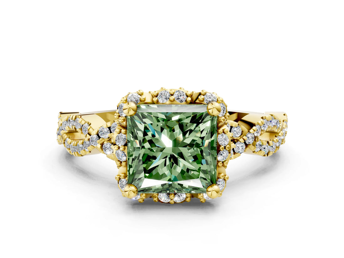 Yellow gold Fancy Green Princess  Halo Twist Band Solitaire Ring with Six-Prong Setting_31