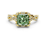 Yellow gold Fancy Green Princess  Halo Twist Band Solitaire Ring with Six-Prong Setting_31