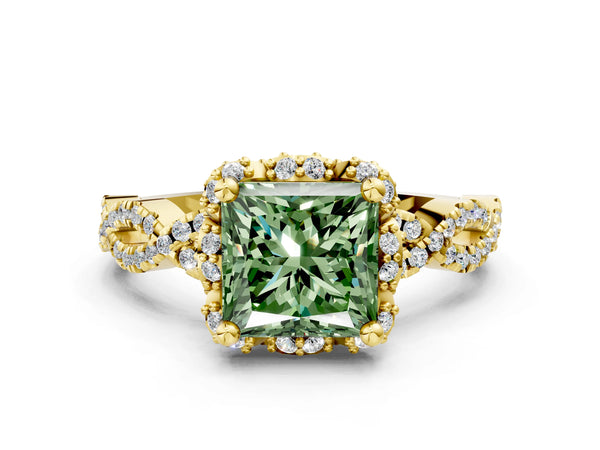 Yellow gold Fancy Green Princess  Halo Twist Band Solitaire Ring with Six-Prong Setting
