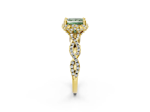 Yellow gold Fancy Green Princess  Halo Twist Band Solitaire Ring with Six-Prong Setting