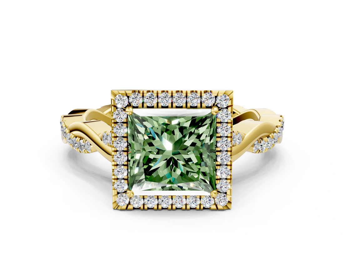 Yellow gold Fancy Green Princess  Halo Twist Band Solitaire Ring