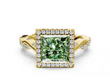 Yellow gold Fancy Green Princess  Halo Twist Band Solitaire Ring