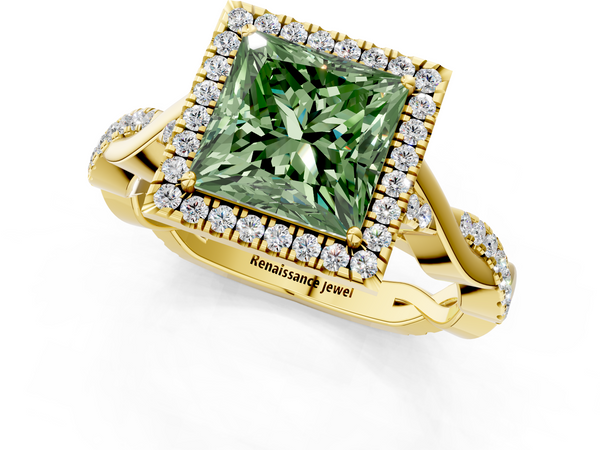 Yellow gold Fancy Green Princess  Halo Twist Band Solitaire Ring
