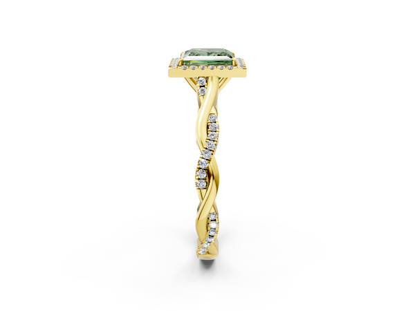 Yellow gold Fancy Green Princess  Halo Twist Band Solitaire Ring