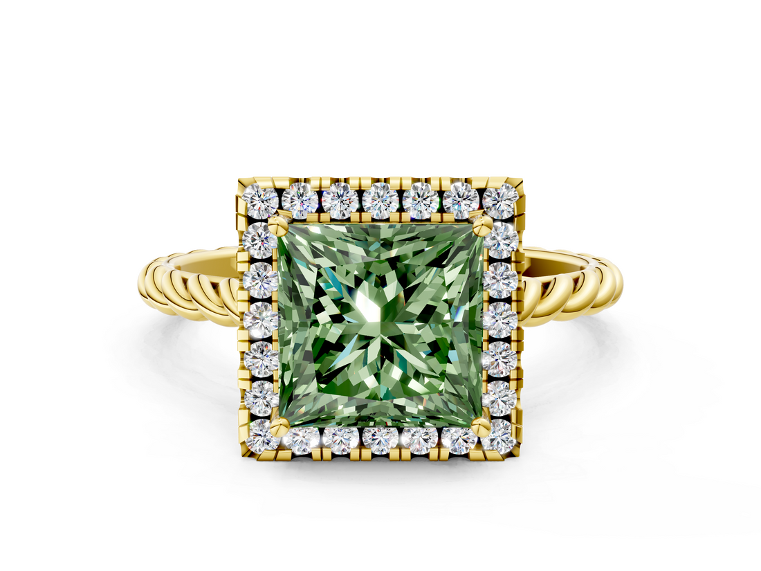 Yellow gold Fancy Green Princess  Halo Twisted Band Four-Prong Diamond Ring