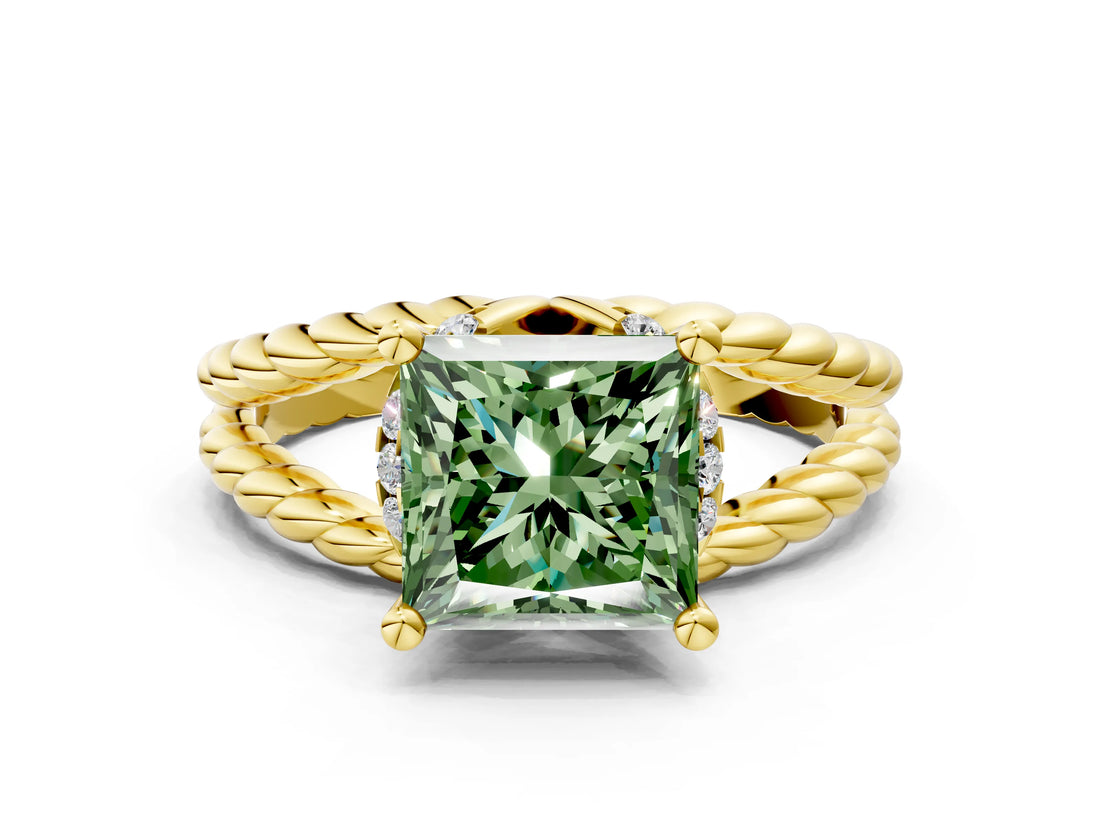 Yellow gold Fancy Green Princess  Halo Twisted Band Four-Prong Ring_32