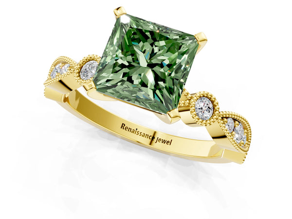 Yellow gold Fancy Green Princess  Milgrain Bezel Diamond Engagement Ring with Solitaire Prong Setting