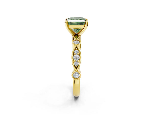 Yellow gold Fancy Green Princess  Milgrain Bezel Diamond Engagement Ring with Solitaire Prong Setting