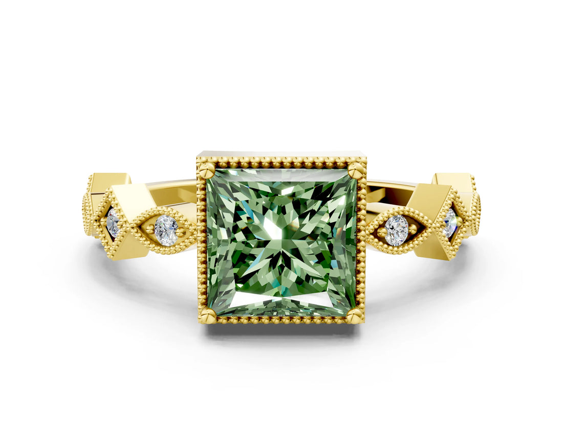 Yellow gold Fancy Green Princess  Milgrain Marquise Diamond Twist Band Ring_63