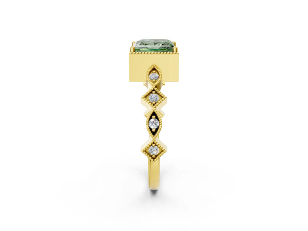 Yellow gold Fancy Green Princess  Milgrain Marquise Diamond Twist Band Ring