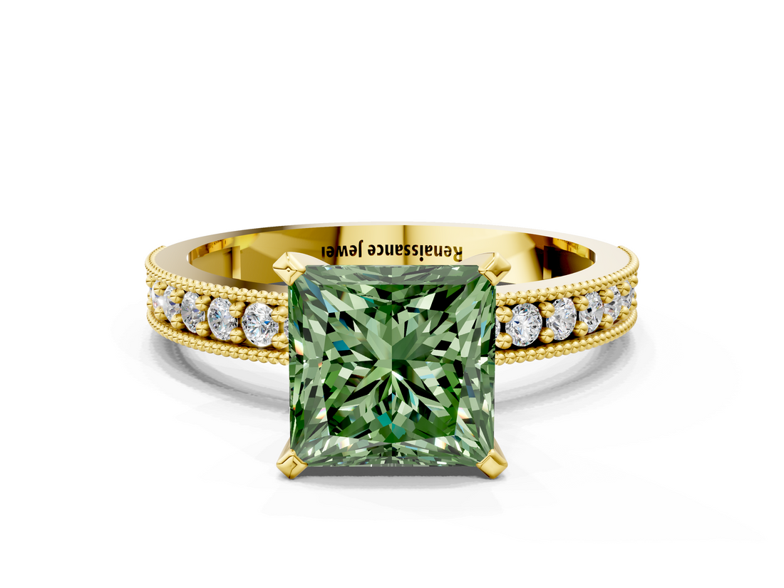 Yellow gold Fancy Green Princess  Milgrain Pave Diamond Engagement Ring with Four-Prong Setting