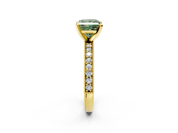 Yellow gold Fancy Green Princess Cut Diamond Milgrain Pavé Engagement Ring with Four-Prong Setting