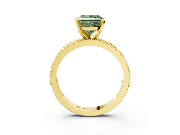 Yellow gold Fancy Green Princess Cut Diamond Milgrain Pavé Engagement Ring with Four-Prong Setting