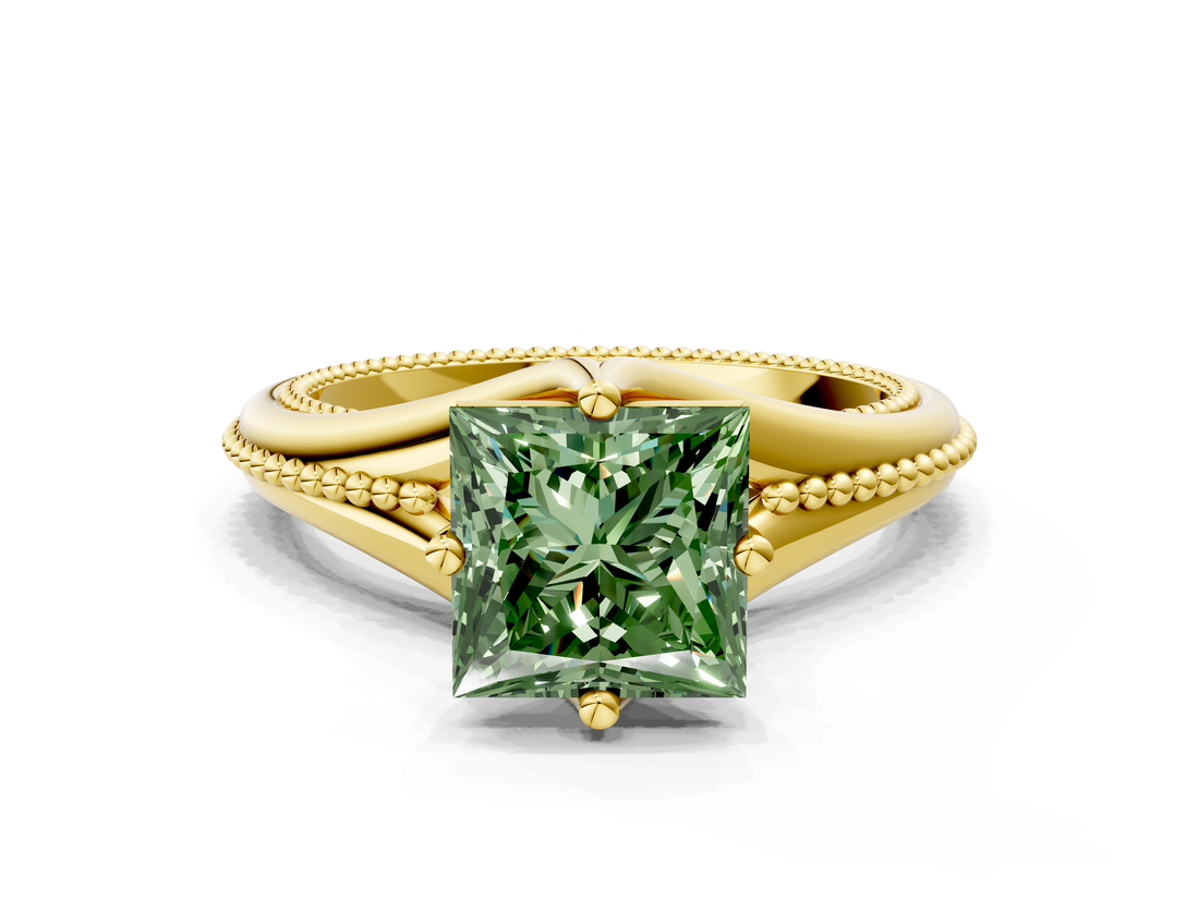 Yellow gold Fancy Green Princess  Solitaire Beaded Band Six-Prong Setting